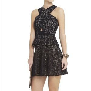 BCBG nude and black lace halter cocktail dress